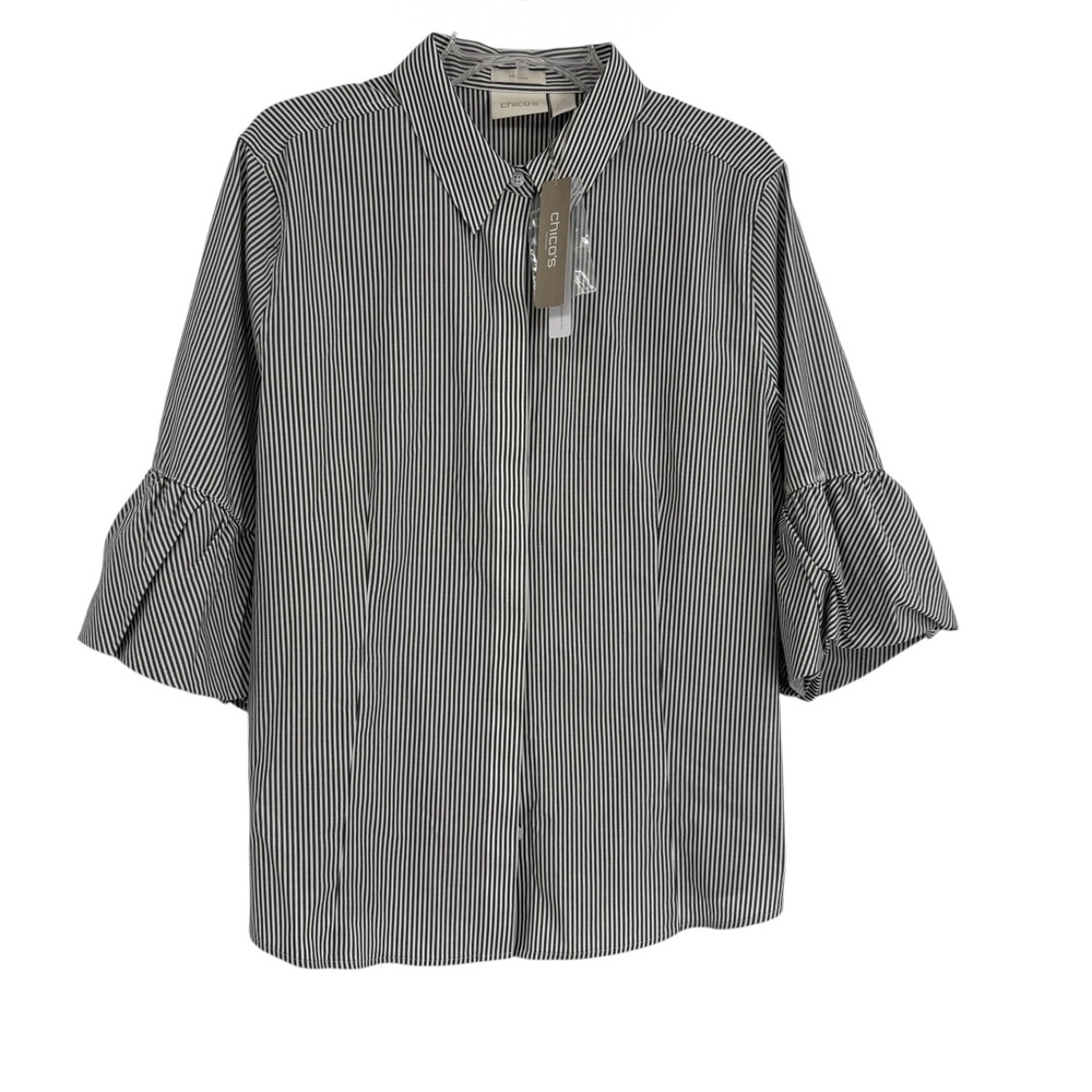 Chico's No-iron Button Up NWT Cotton Top Size 3 (XL) Black Stripe Ruffle Sleeve
